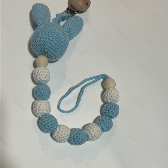 Hand Made Blue and White Bunny Pacifier Clip - Picture 5 of 5